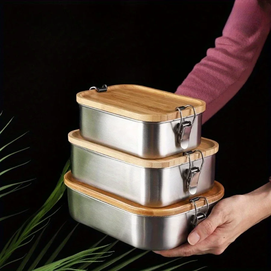 Food Storage Square Containers - Kotak Makan Siang Tutup Bambu Stainless